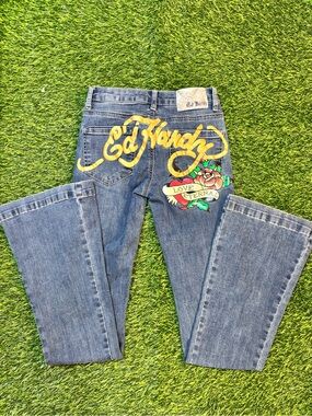 Ed Hardy Blue Denim Flare Jeans with Yellow Script & Rose Patch